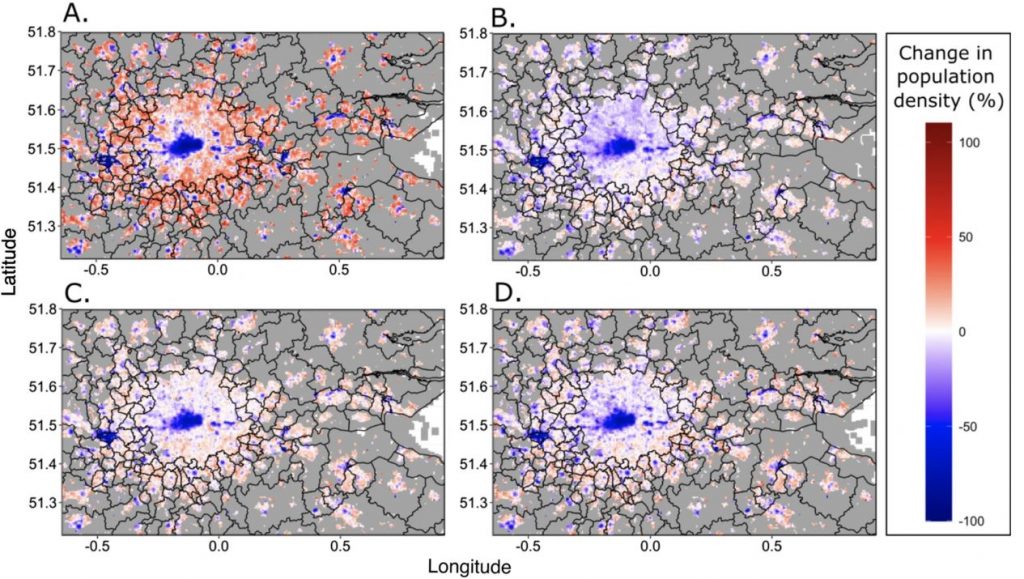 Relative changes in the average population density of daytime Facebook users within London under different mobility restrictions.