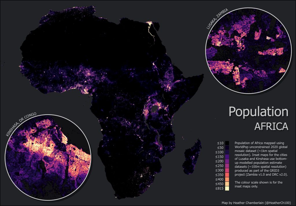 Map showing population across Africa, with inset maps for Lusaka and Kinshasa, by Heather Chamberlain