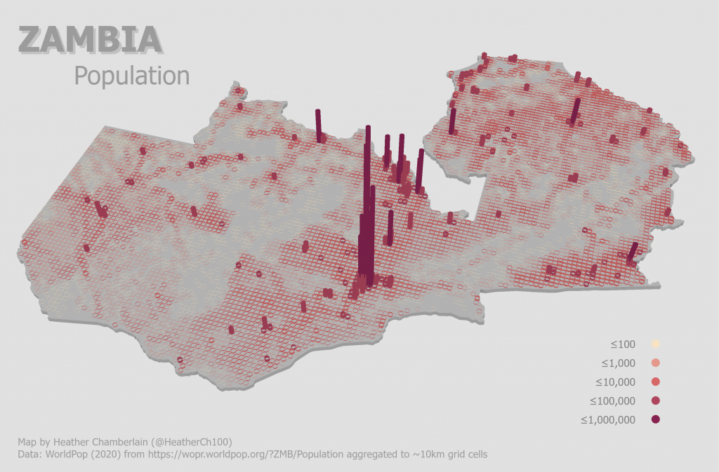 3D Zambia Population Map, Heather Chamberlain using WorldPop and GRID3 open data