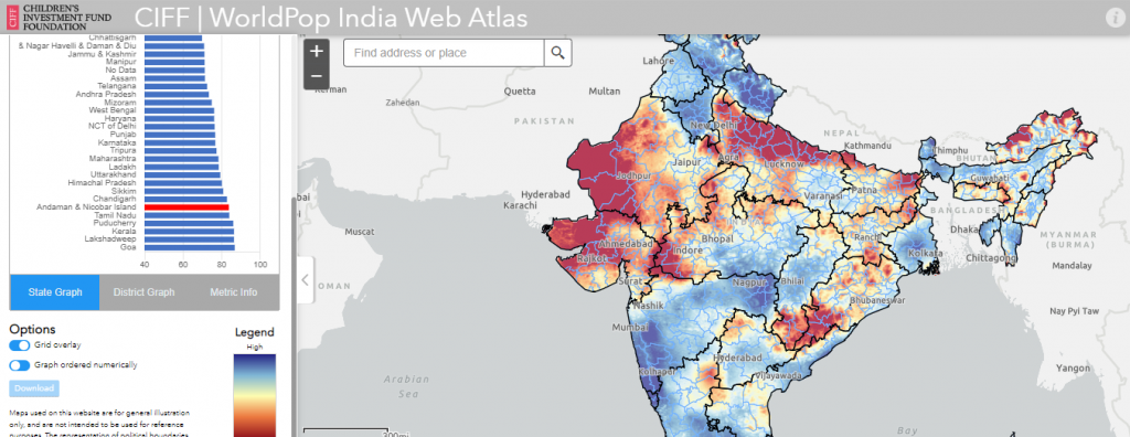 Screen shot of CIFF interactive health and development map of India - grid view