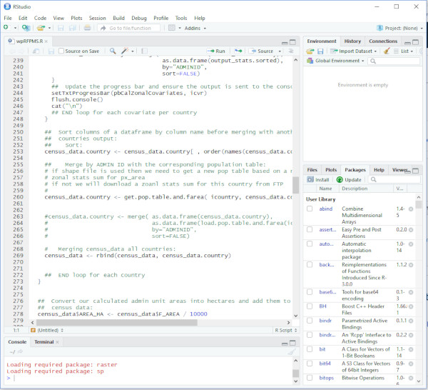 RStudio screen capture showing wpRFPMS script