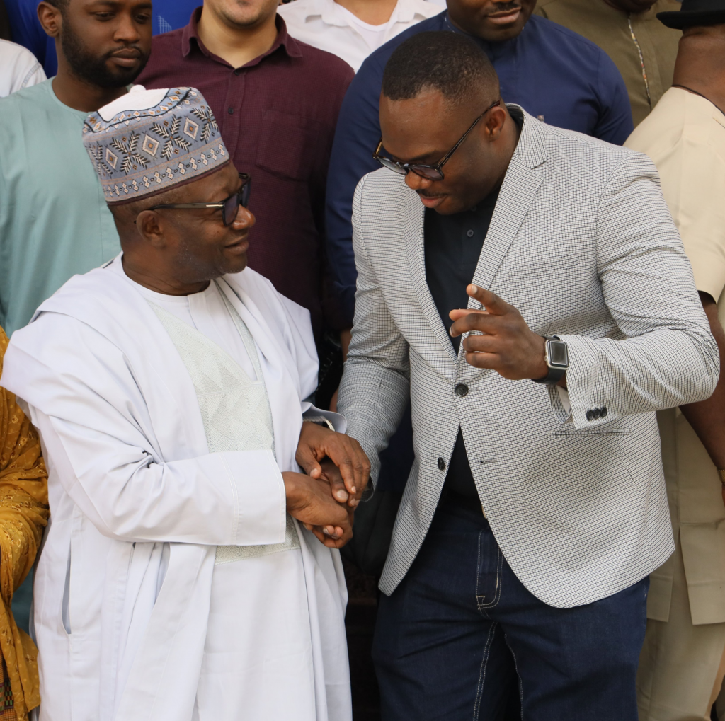 Photo of Chairman of NPC, Hon Nasir Isa Kwarra with WorldPop Senior Research Fellow, Dr Chris Nnanatu. Abuja, Nigeria, 9 February 2023.