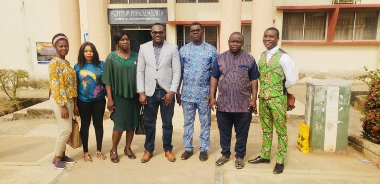 Photo of WorldPop Senior Research Fellow, Dr Chris Nnanatu (centre) with the Dean, Faculty of Physical Science, Nnamdi Azikiwe University (NAU), Professor Kenechukwu Emmanuel Anakwuba and members of the Faculty at NAU. Awka, Nigeria.