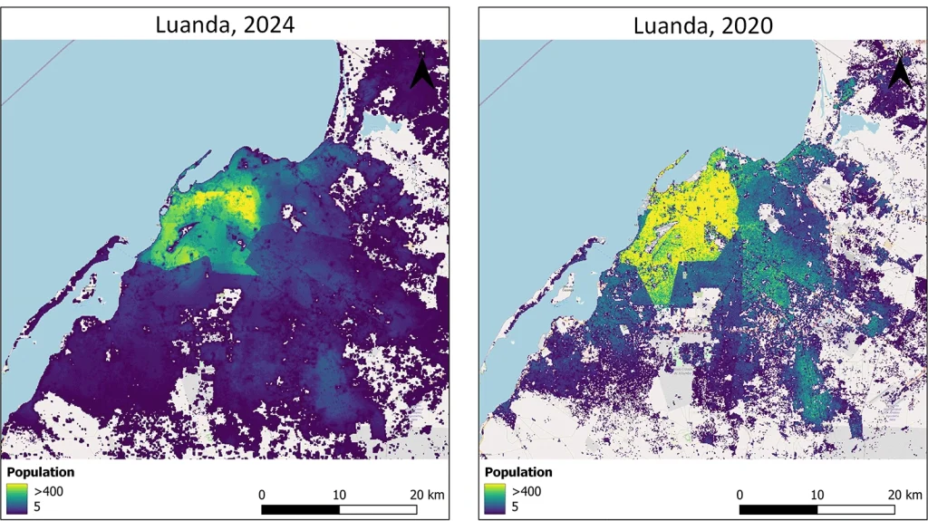 Graphic image showing comparison of population count estimates modelled from new covariates (year 2024) and population count estimates modelled from earlier covariates (year 2020) for Luanda (Angola).