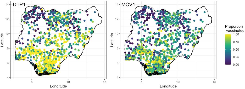 Maps showing cluster level estimates of proportions of children aged 12-23 months and 9-35 months who had received DTP1 and MCV1, respectively, obtained using the 2018 Nigeria Demographic and Health Survey.