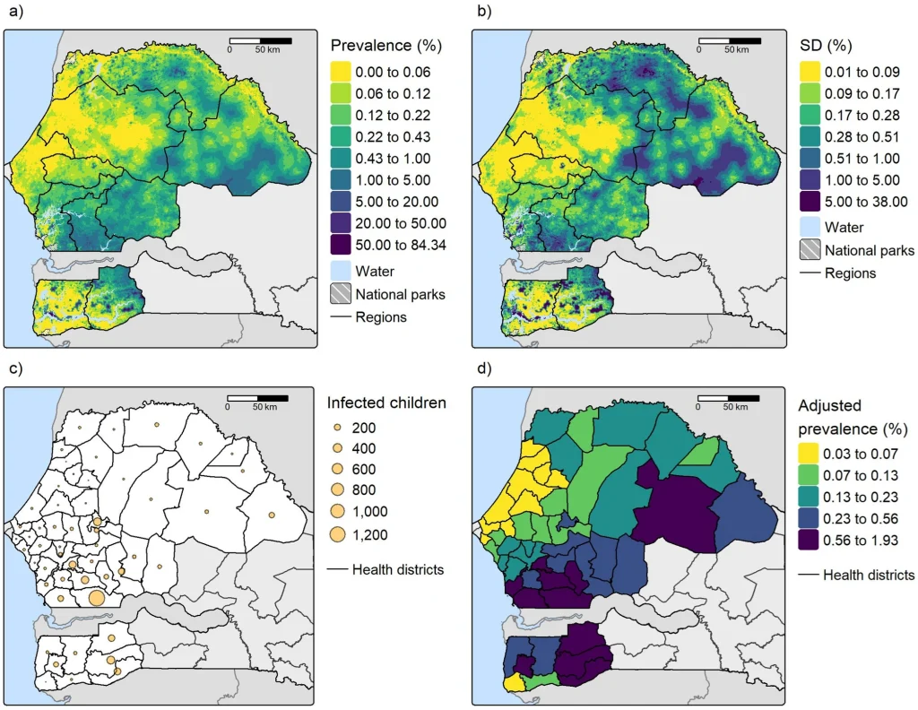 Maps showing predicted malaria prevalence in children under five and number of infected children in regions of very low to moderate transmission in Senegal (excluding Dakar for visibility purposes).
