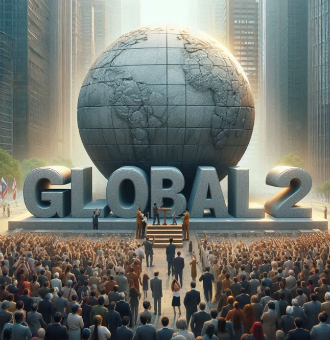 AI art image of globe on a stage with 'Global 2' sign watched by a large audience