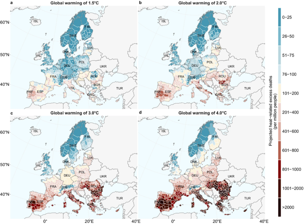 Maps of Europe showing heat-related excess mortality projected annual average heat-related excess deaths per million population at a 1.5 °C, b 2.0 °C, c 3.0 °C, and (d) 4.0 °C.