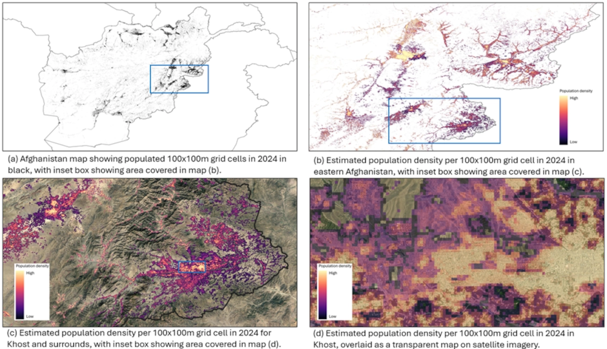 Maps showing Global2 100x100m gridded population estimates for Afghanistan in 2024.