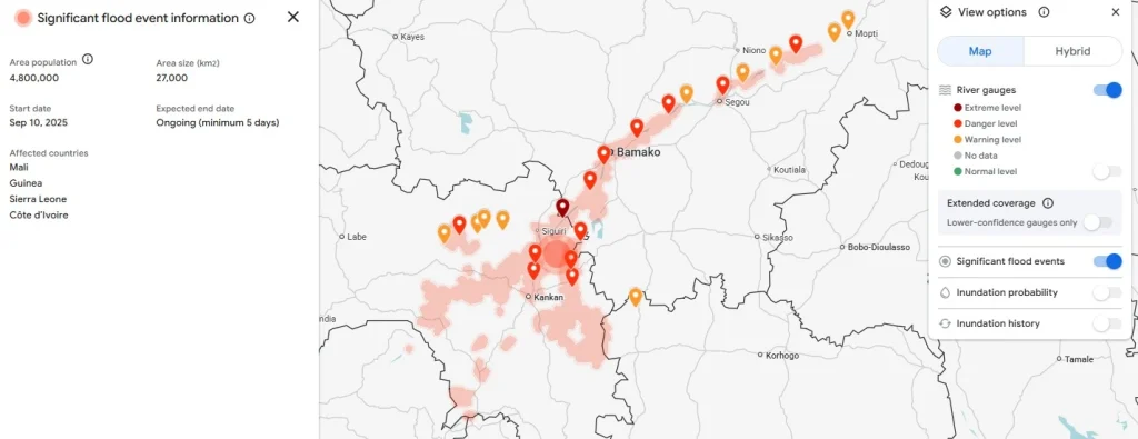 Screen capture of Google Flood Hub: Significant flood event information, 25 September 2025