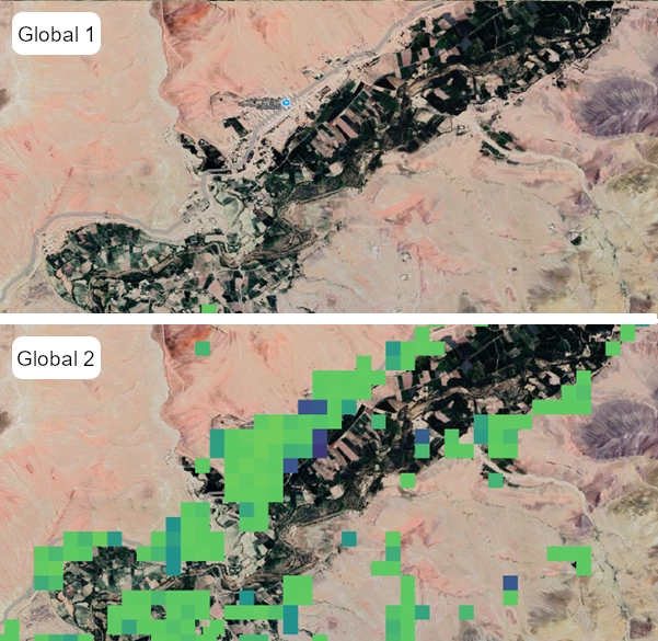 Images showing grid cells estimated to be populated in 2020 by Global1 (top) and Global2 (bottom), overlaid on satellite imagery.