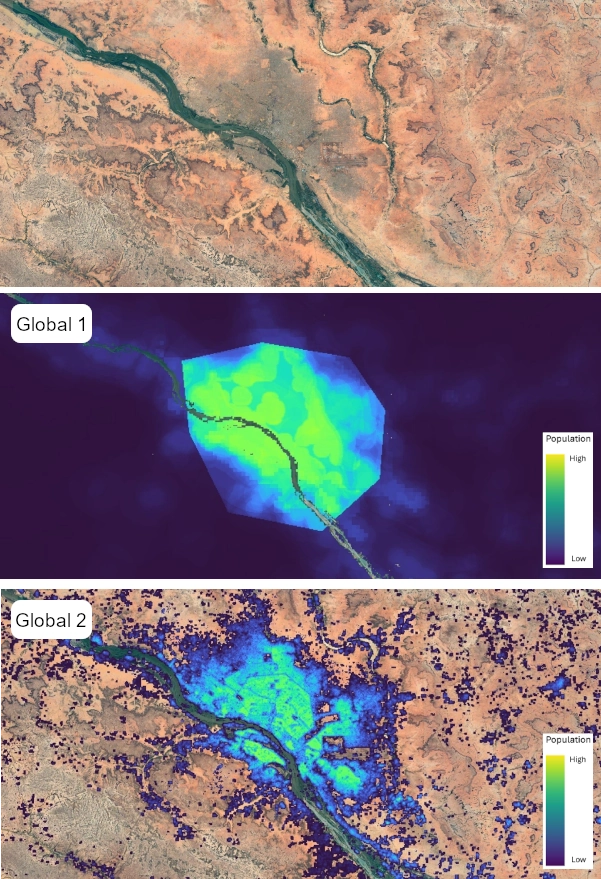 Images which compare Global1 with Global2 population estimates for Niamey, Niger in 2020.