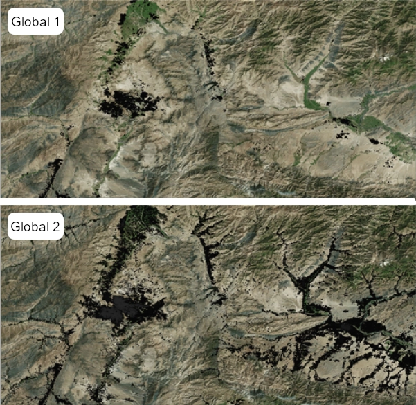 Global1 (top) and Global2 (bottom). satellite images highlight how many buildings and areas of human settlement were missed for Global1 due to the limitations in imagery and algorithm capabilities at the time of construction.