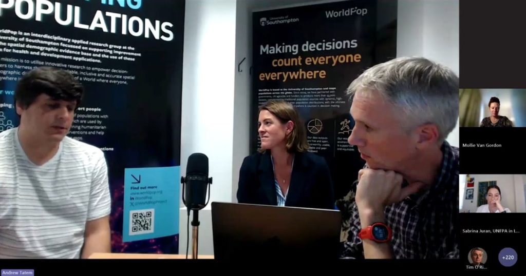 Screen capture of The Power of Population Data webinar, showing Dr Maksym Bondarenko, Dr Jessica Espey and Professor Andy Tatem