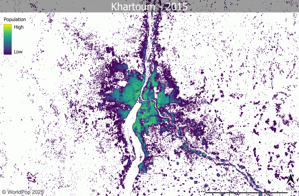 Animation of an output of the Global2 built settlement growth model for Khartoum, Sudan, showing mapped and estimated changes for each year from 2015 to 2030.