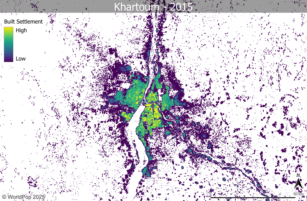 Animation of an output of the Global2 built settlement growth model for Khartoum, Sudan, showing mapped and estimated changes for each year from 2015 to 2030.