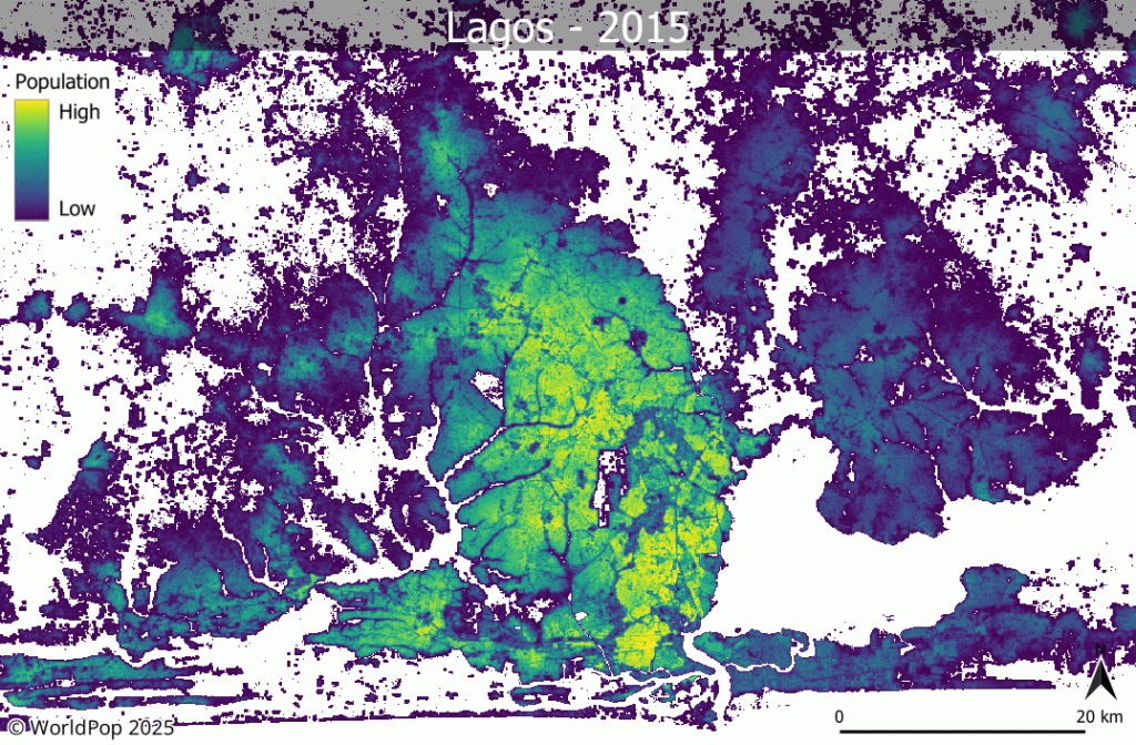 Animation showing population growth in Lagos, Nigeria, modelled for 2015-2030.