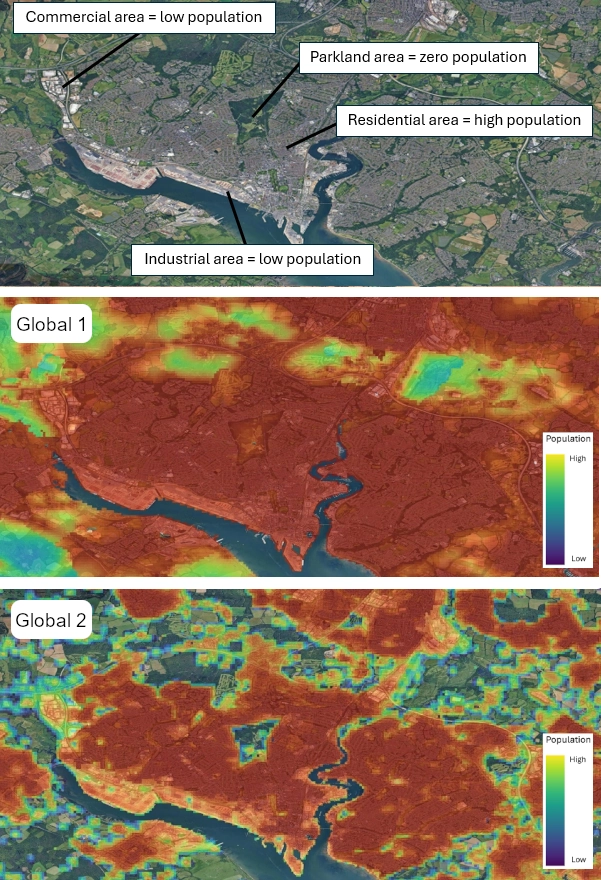 Image that compare Global1 (middle) with Global2 (bottom) population estimates for Southampton, UK in 2020.