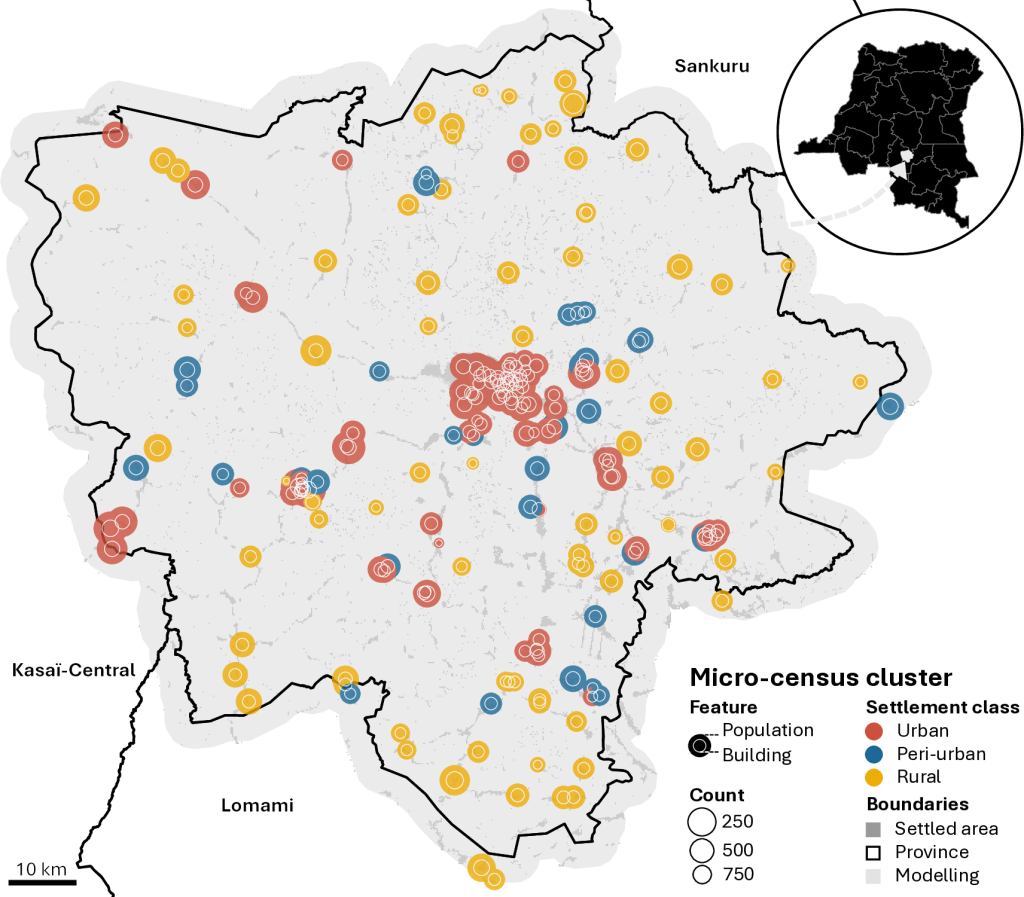 Map showing building and population counts observed in the 213 micro-census clusters located within the modelling environment categorised by settlement class