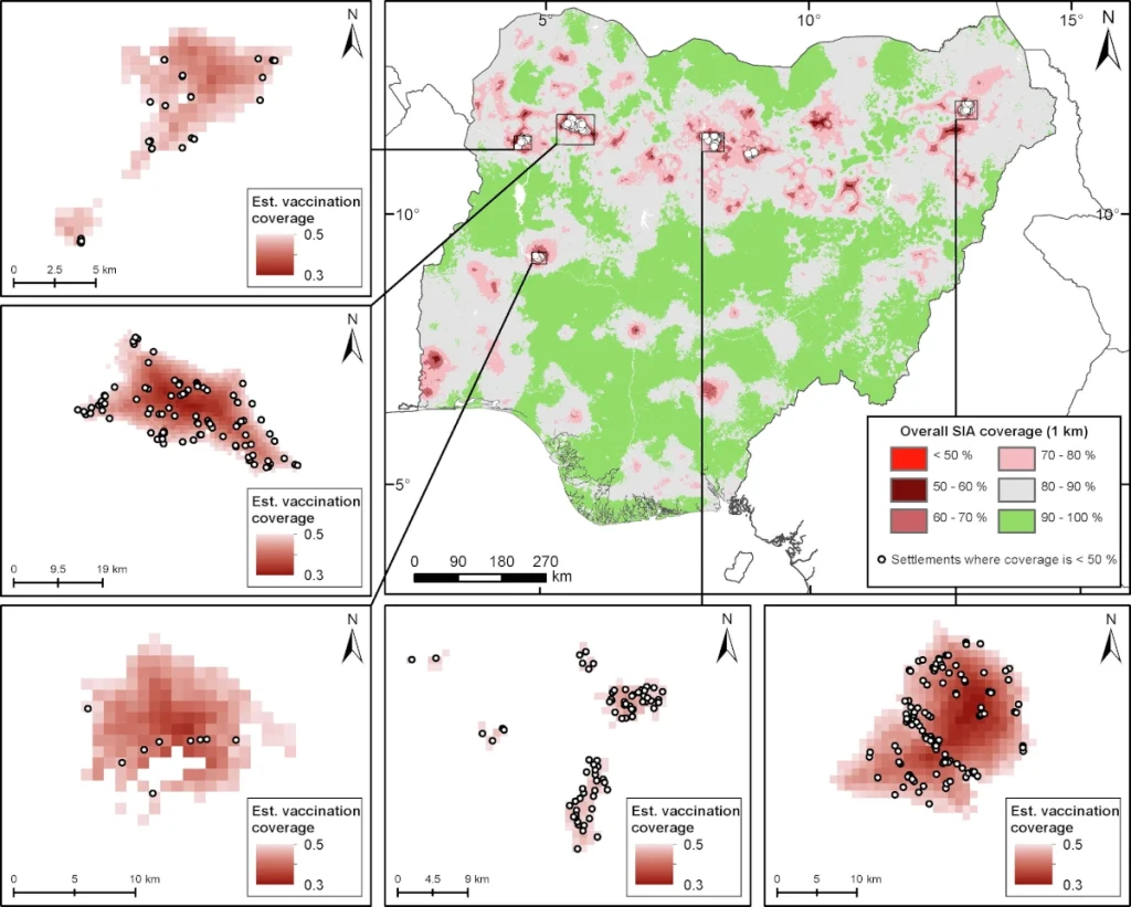 Graphic showing example small area mapping of vaccination coverage in Nigeria co-developed by WorldPop and NPHCDA.