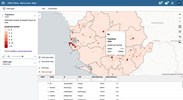 Screenshot from the DHIS2 Maps App showing the use of WorldPop data