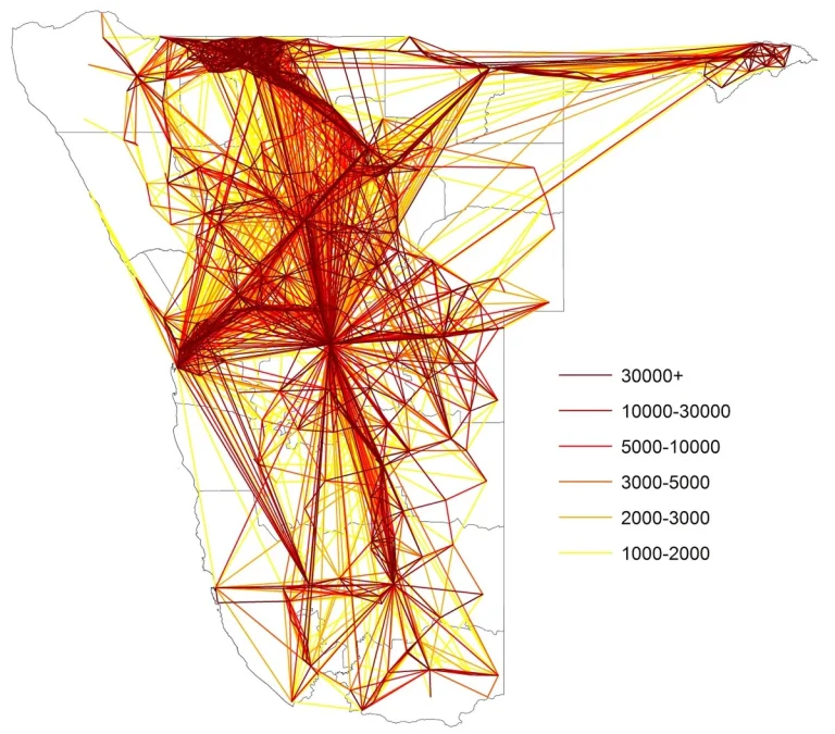 Map showing movement totals between health districts over Oct 2010-Sept 2011 period, with rates of movement coloured from yellow (lowest) to red (highest).