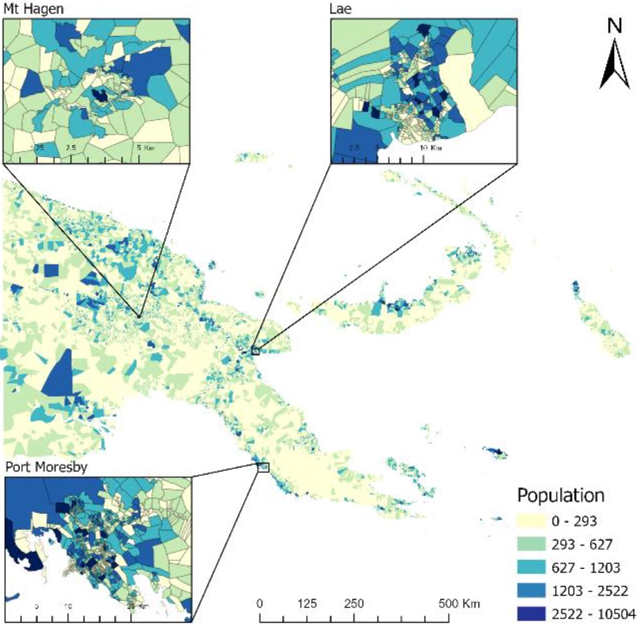 Map of Papua New Guinea showing predictions at census unit (CU) level using the TSBHM model