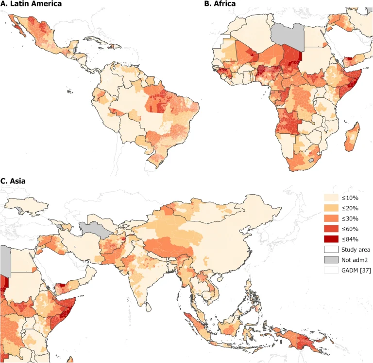 Maps showing proportion of children under 1 year of age estimated to have not received the first dose of the DTP vaccine in 2019 at GADM administrative level 2 [31, 37] for Latin America (A), Africa (B), and Asia (C).