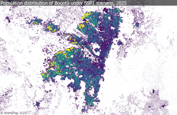 Animation showing population distribution of Bogata under SSP1 scenario, 2025-2100