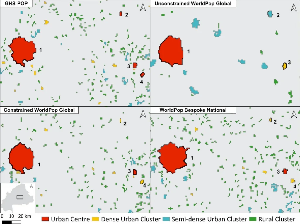 Schematic maps showing the spatial entities around Ouagadougou, Burkina Faso identified by the four population datasets