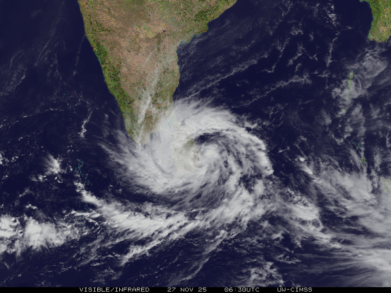 Visible infrared satellite loop of Cyclone Ditwah, by SSEC/CIMSS, University of Wisconsin–Madison