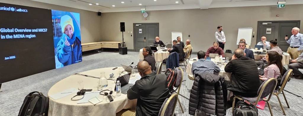 Photo of conference hall with delegates at a UNICEF–MICS–WorldPop Regional Workshop for the Arab States in Amman, Jordan