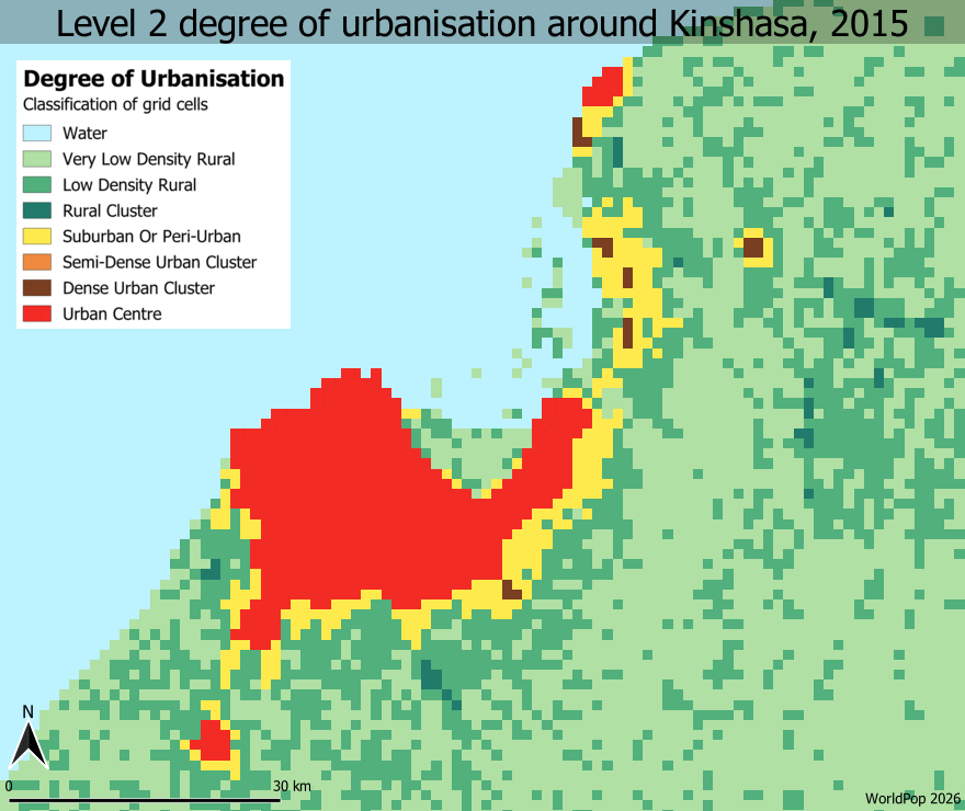 Animation showing level 2 degree of urbanisation around Kinshasa, 2015-30