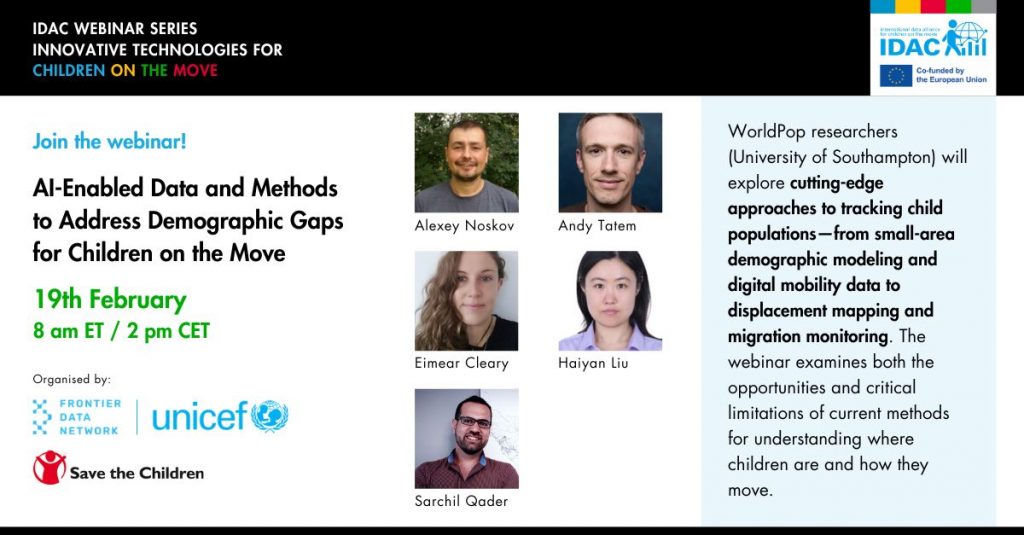 Graphic invitation to join AI-Enabled Data and Methods to Address Demographic Gaps for Children on the Move webinar