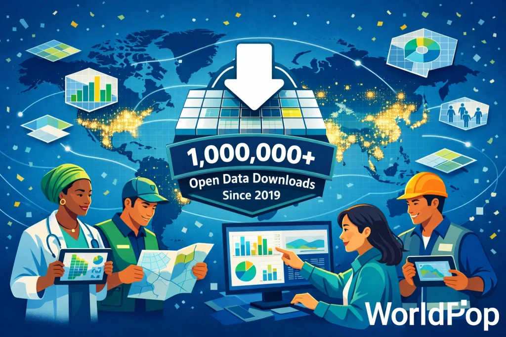 AI generated image showing public health analysts, humanitarian responders, researchers, and urban planners using tablets, maps, and data dashboards, illustrating real-world impact. Caption reads "1,000,000+ open data downloads since 2019"