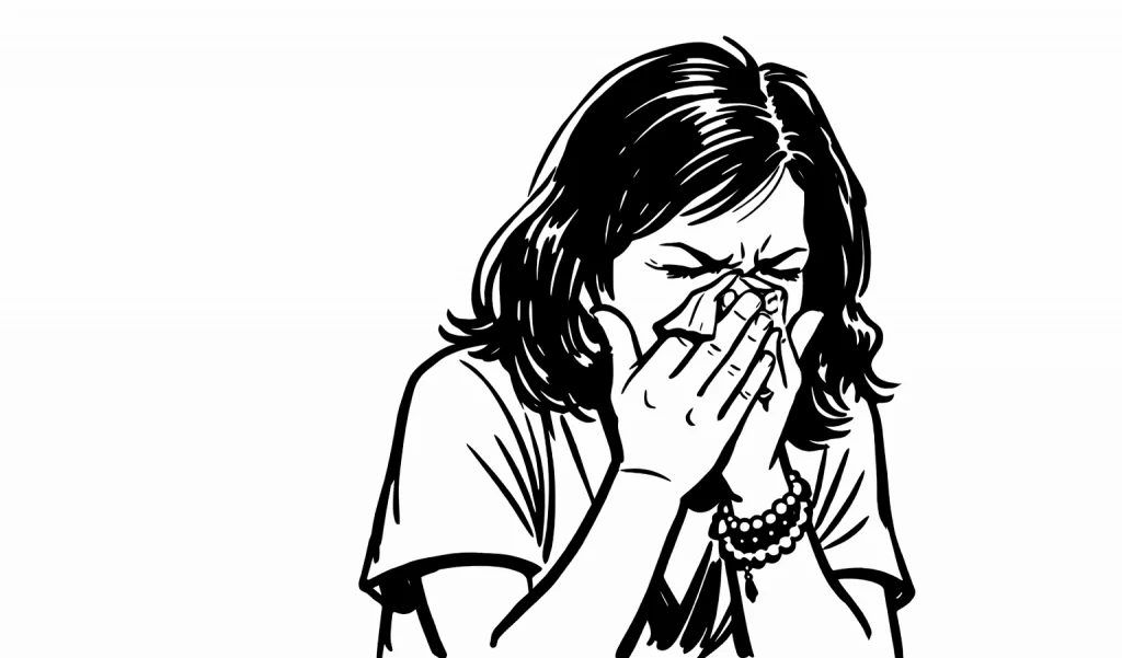 Black and white cartoon of a woman sneezing