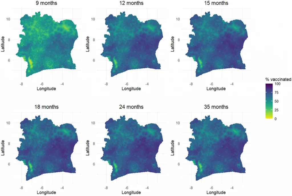 1x1 km maps of Cote D'Ivoire showing MCV1 coverage for single age points at 9, 12, 15, 18, 24 and 35 months.
