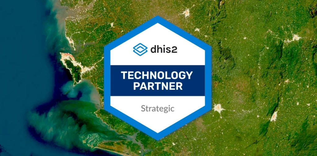Graphic with DHIS2 Strategic Technical Partner logo superimposed on population map