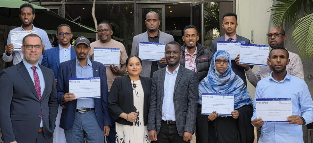 Photo of Somalia National Bureau of Statistics participants with workshop completion certificates, April 2026