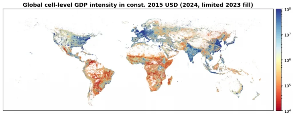 Global map showing estimated fine scale economic activity for 2024 using 2023 where unavailable