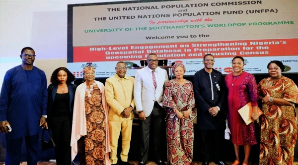 Photo of Dr Nanantu (centre) with Dr Tellson Osifo Ojogun (Director-General of the NPC), Hon Mrs Blessyn Brume-Ataguba (Federal NPC Commissioner for Delta State); Koessan Kuawu (Deputy Representative UNFPA, Nigeria), and Professor Chinwendu Alice Uzuk (Nnamdi Azikiwe University).