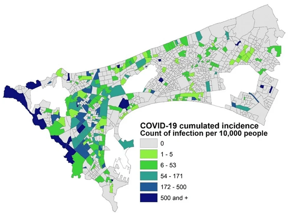 Map showing aggregated incidence of COVID-19 confirmed infection from community transmission from June 2020 to June 2021, Dakar, Senegal