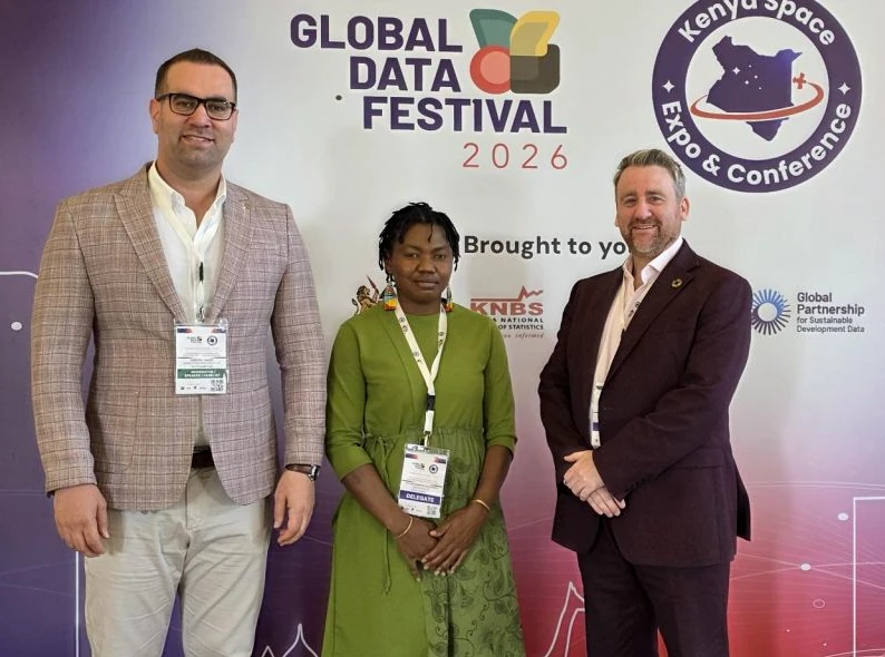 Photo of Dr Sarchil Qader, Tuli Amutenya and Ian Coady at the 2026 Global Data Festival in Nairobi.