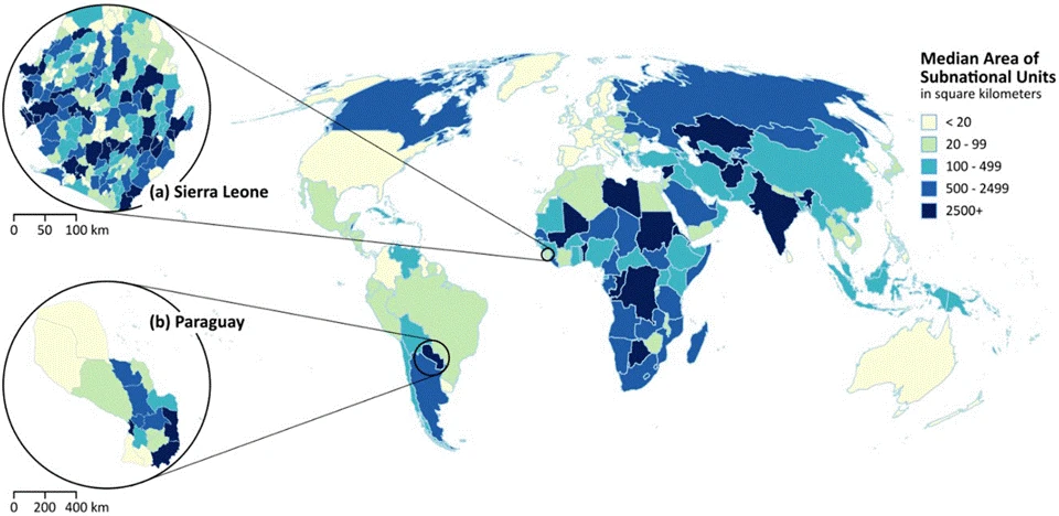 Graphic showing geographic distribution of median area sizes of subnational units in the input population data for the Global Subnational Demographic Dataset 2010–2030