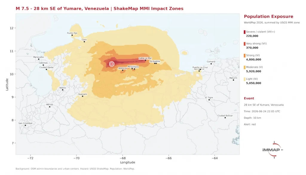 Impact map of Venezuela earthquake 24-06-2026