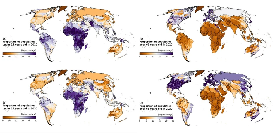 Global maps showing distribution of population age structures for under 15 years olds and over 65 year olds in 2010 and 2030