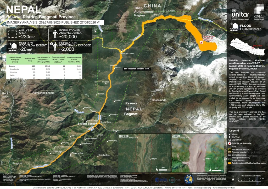 Map showing satellite detected Mudflow/ rockflow extent as of 26–27 August 2026 in Rasuwa District, Bagmati Province, Nepal.