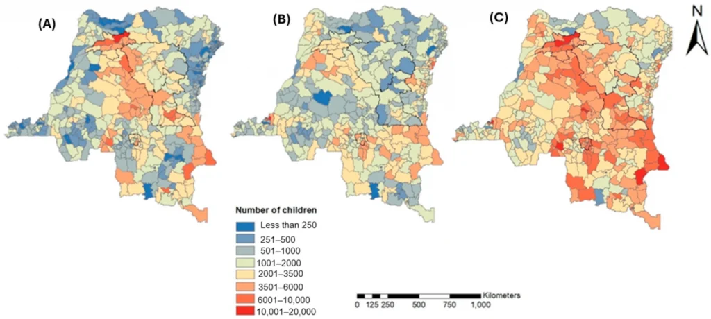 Maps showing estimated spatial distribution of DTP vaccination gaps among children aged