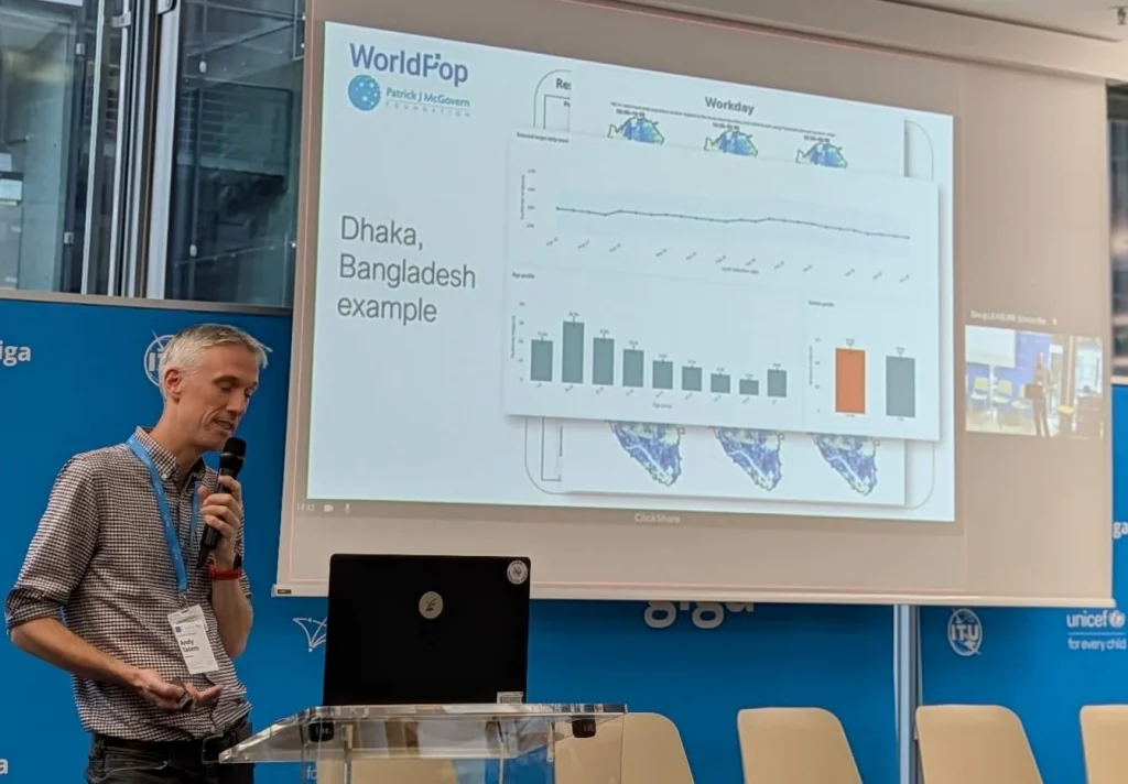 Photo of Andy Tatem presenting at the UNICEF Ahead of the Storm conference October, 2026