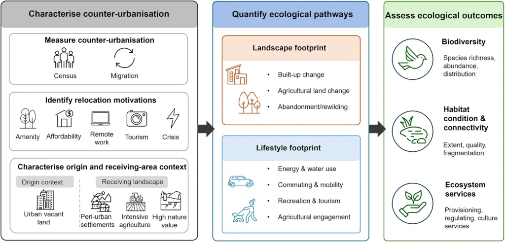 Infographic showing the framework to assess ecological outcomes of counter-urbanisation